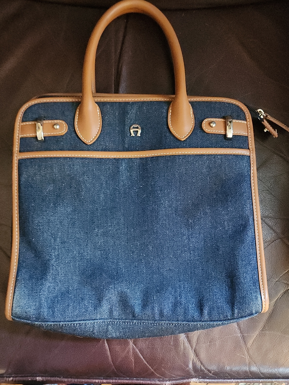Etienne Aigner Denim & Tan Leather Tote Handbag